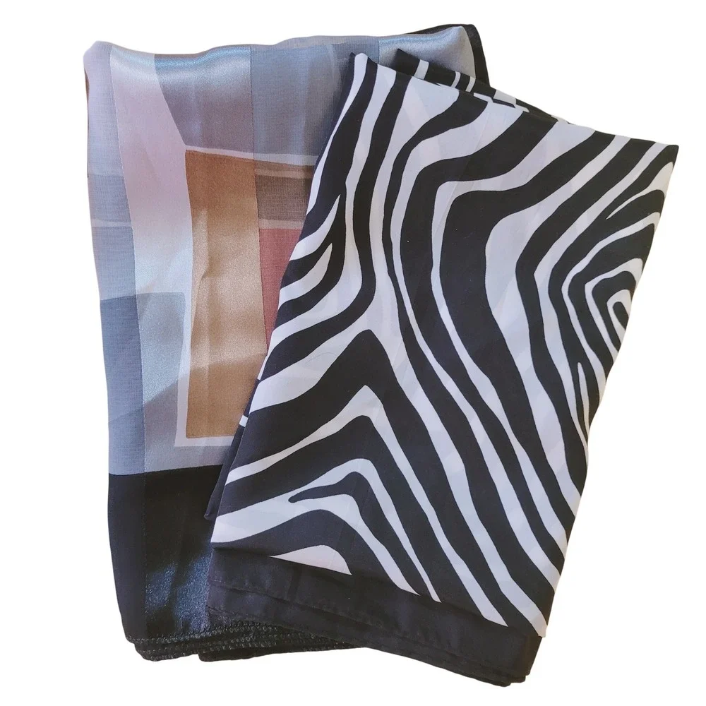2 Vintage Polyester Scarfs Zebra Print Abstract Geometric Print Square 90s Korea
